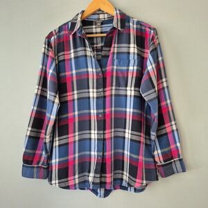 Eddie Bauer Blue Pink Plaid Long Sleeve Button Up Collared Shirt Womens Medium